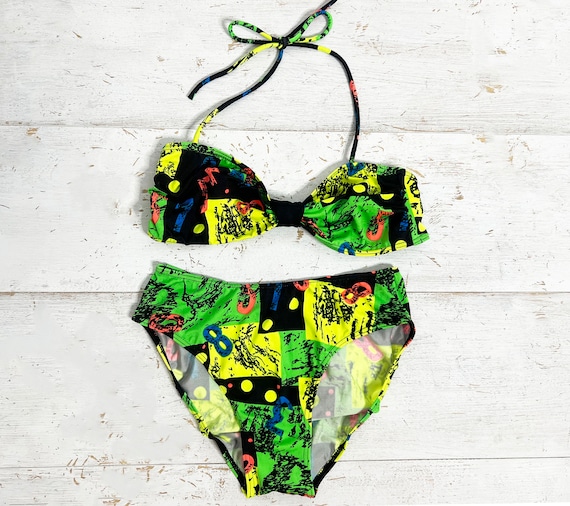 1980's Graphic Neon Bikini Size XS to S Ladies Green Yellow Black Numerical  Print Bandeau Halter Strapless Style Beach Vacation Set 