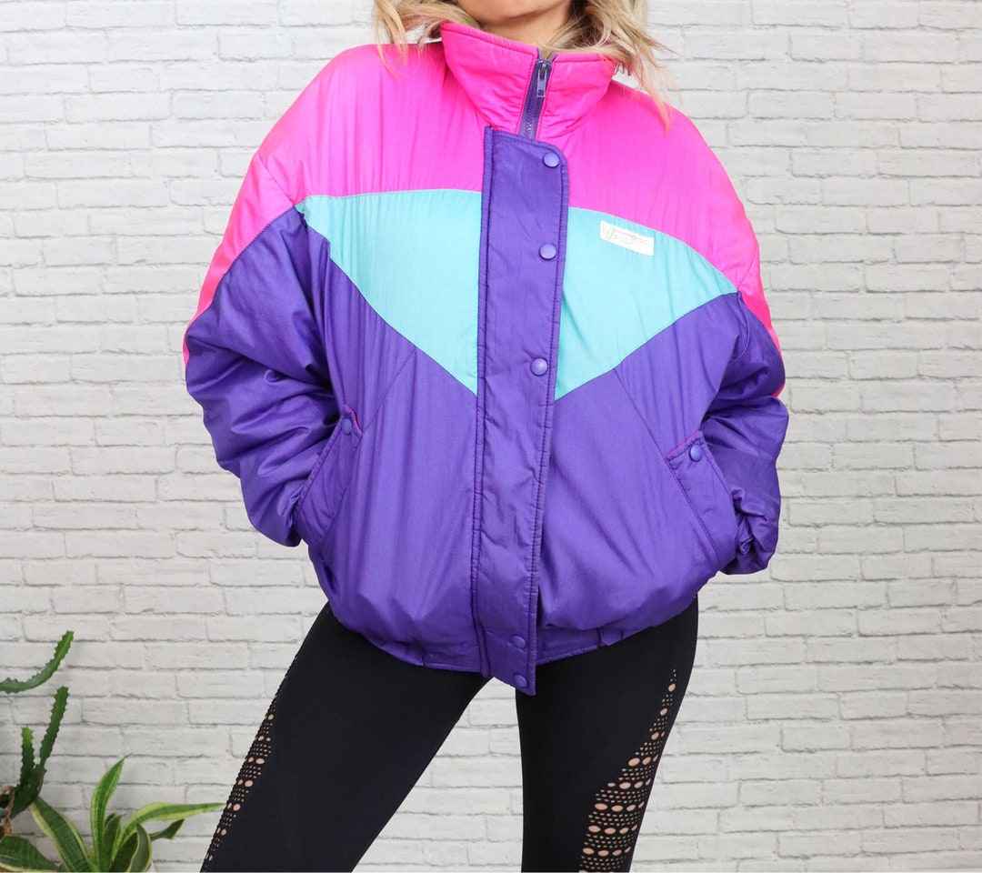 1980's Neon Ski Jacket Medium Ladies Puffer Cropped Coat Puffy Retro