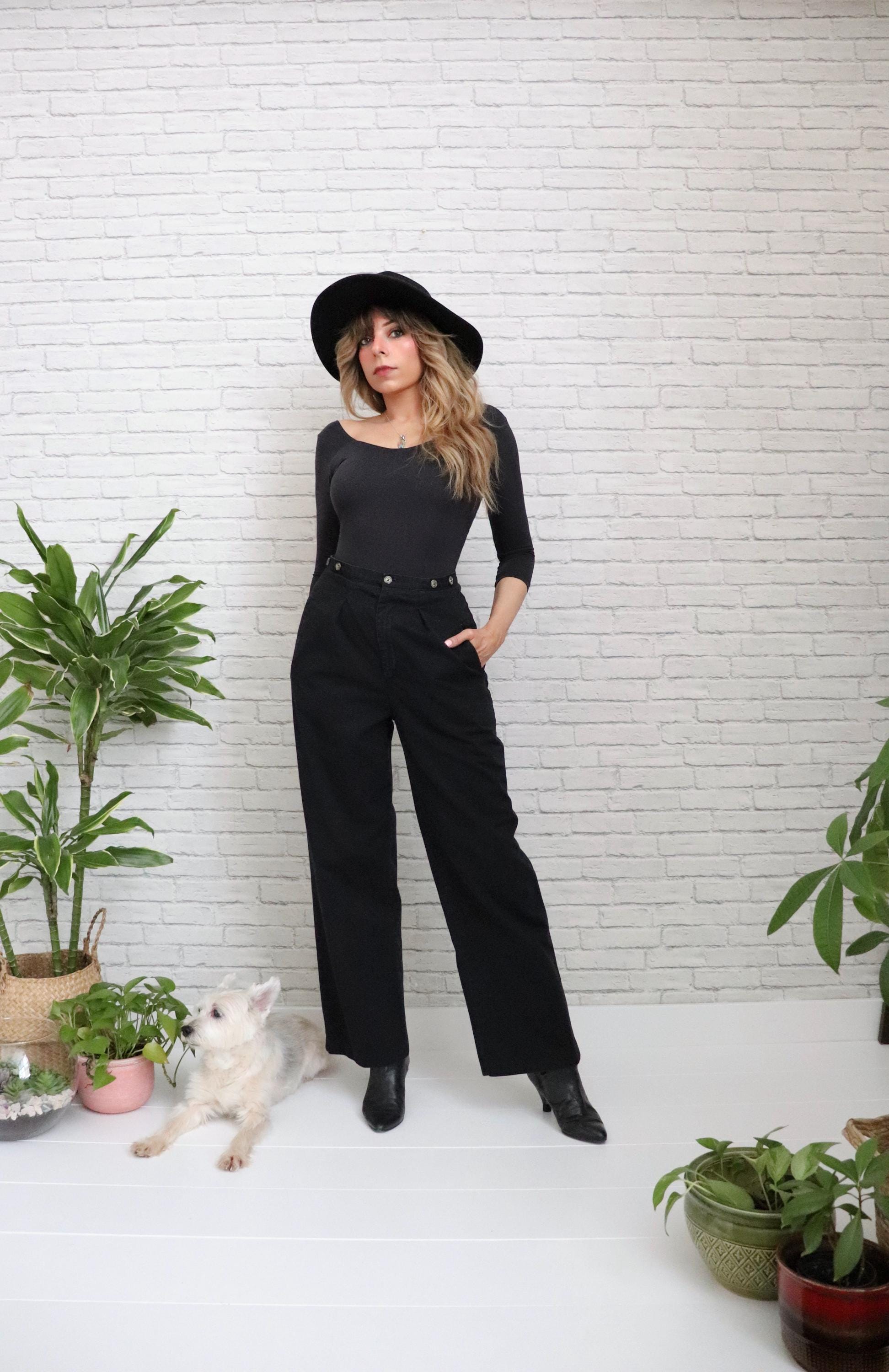90s Black Wide Leg Trousers | 28 Waist | Vintage Cotton Pleated