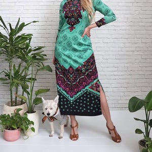 1960s Psychedelic Dress | XS To Small | Lucia Made In Italy Designer Hippie Boho Dress | Fitted Long Sleeve Midi Length Cocktail Event Dress