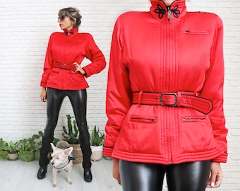 1980's SKEA Red Ski Bomber | Size Small Medium Paris Vail Ski Ladies Cropped Designer Vintage Winter Coat Belt OOAK Retro Skiing Snowboard