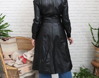 70s Black Leather Trench Coat | XS to Small Size | Vintage
