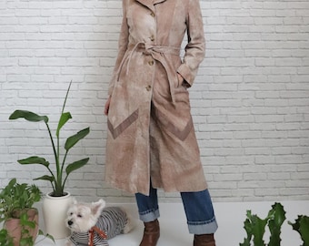 70s Suede Trench Coat | Small Size | Vintage Retro Long Length Belted Leather Jacket