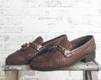 Men's 1970s Italian Loafers | 10 to 10.5 | Brown Genuine Leather Slip On Shoes With Tassels | Woven Bohemian Casual Dress Slip On Shoes