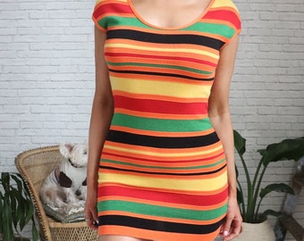 Mod Striped Mini Dress || Small To Medium || Vintage Retro Orange Black Green Red Yellow Bodycon Wiggle Low Scoop Dress | Made In U.S.A.