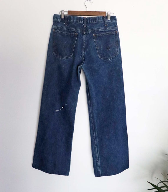 1970's LEVIS Wide Leg Flared Jeans, Cropped Kick Flare Wide Straight Leg  Rare Orange Tab Hippie Boho Denim, High Rise Waist Dark Blue Denim 