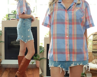 70's Pastel Tartan Blouse || Extra Large Size XL || Check Plaid Summer Short Sleeve Button Down Top || Cute Soft Periwinkle Blue Pink Yellow