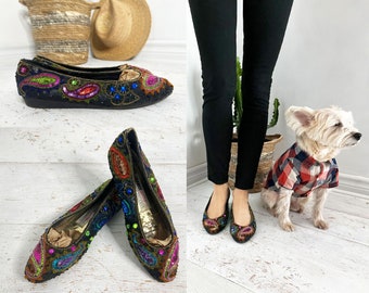 80s BEVERLY FELDMAN Paisley Sequin Flat Shoes || Size 8 Ladies || Multicolor Magical Bohemian Unique Slip On Flats || Franky And Baby ||