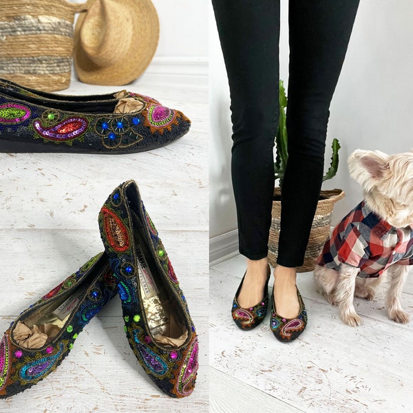 80s BEVERLY FELDMAN Paisley Sequin Flat Shoes || Size 8 Ladies || Multicolor Magical Bohemian Unique Slip On Flats || Franky And Baby ||