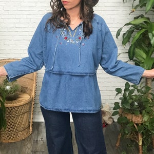 70's Denim Maternity Shirt Embroidered Pregnancy Denim Top Boho Maternity Hippie Maternity Mother To Be  70s Boho Mom  Baby Shower Gift