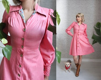 1970's Petite Pink Dress, XXS Size, Fit And Flare Button Down Shirt Dress