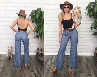 1960s Print Bell Bottoms  | 28 x 31 Ladies | Blue Bohemian Hippie Print Pants | High Waist  Bellbottoms |  Vintage Stretch Flared Leg Pants