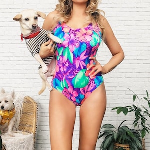 80&#39;s Tropical Neon One Piece Swimsuit