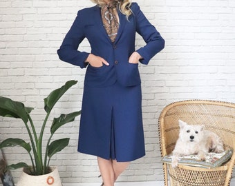 Traje de falda azul marino estilo años 70 / Talla XS / Conjunto vintage de dos piezas con falda y blazer