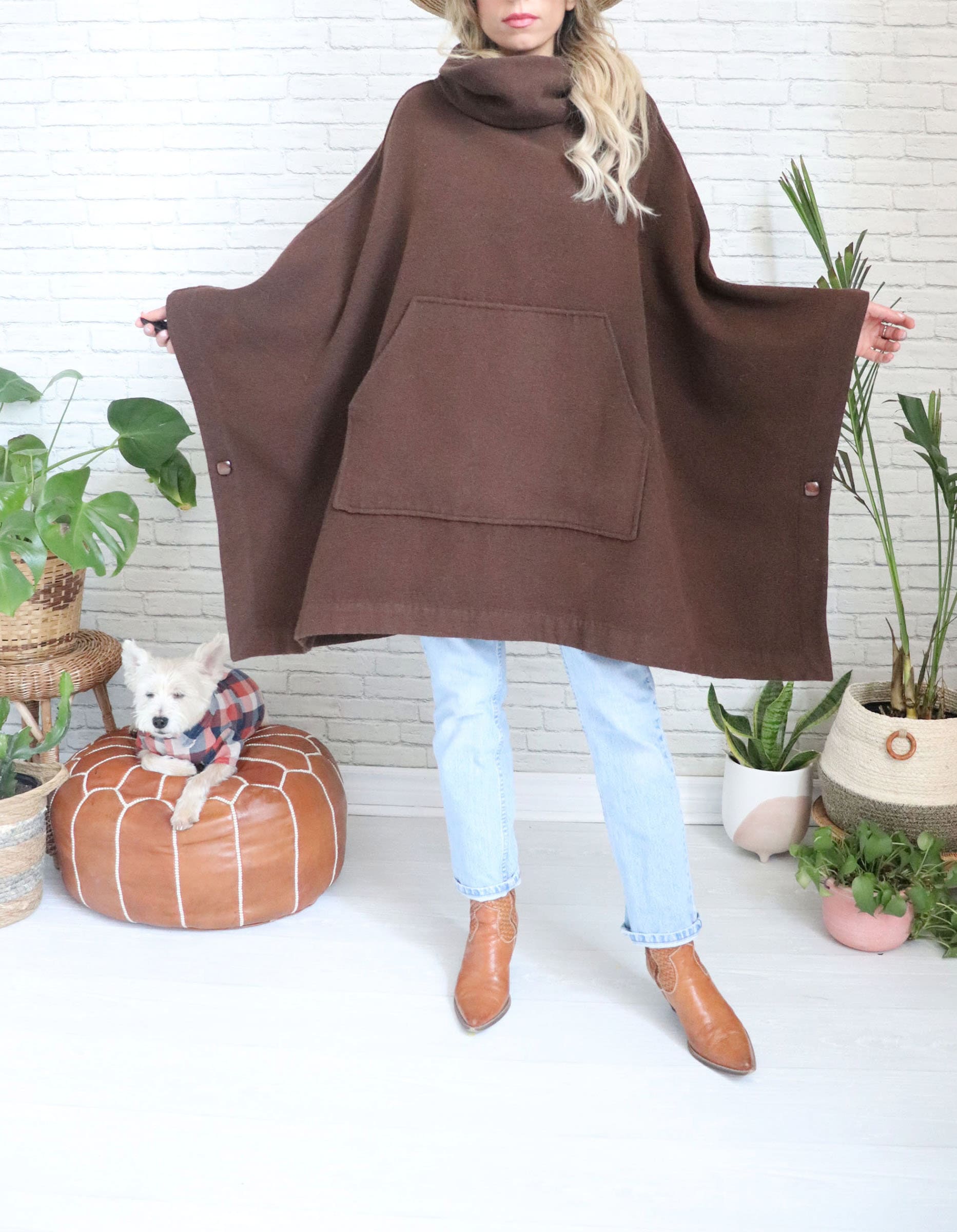 70s Mocha Brown Wool Blend Poncho | One Size | Vintage Cowl Neck