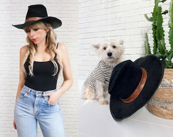 Sombrero vaquero estilo años 70 de ante repujado / Unisex / Ala ancha de cuero negro / Estilo ranchero / Estilo Outback