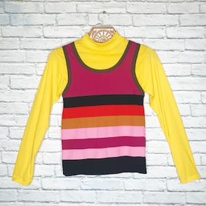 1960er Jahre Gestreifte Hemdweste | Größe S-M | Langarm-Shirt | Vintage Bunte Mod Top Bluse