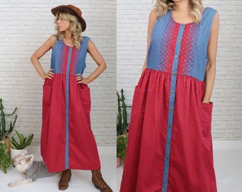 Susan Bristol Country Dress, Medium To Large,  Size 12, Folk Patchwork Denim Maxi Dress