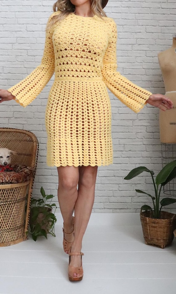 70s Crochet Mini Dress | Small to Medium | Vintage Yellow Bell Sleeve Handmade Knit