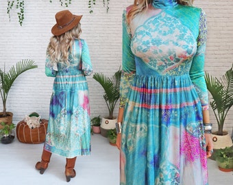 1970s Paisley Maxi Dress XS || Antiqued Faded Long Sleeve || Psychedelic Boho Festival Hippie || Mock Neck Artsy Paisley Print Dress