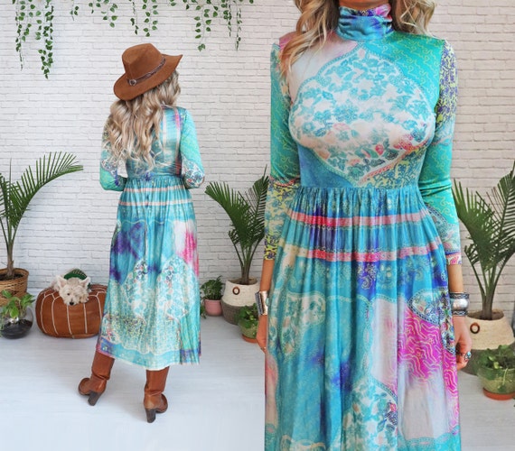 1970s Paisley Maxi Dress XS || Antiqued Faded Lon… - image 1