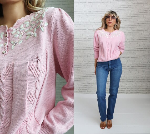 80 s Liz Moody Dusty Pink Sweater Floral Embroidered Cable Knit