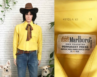 Chemise habillée MARLBORO des années 1960 pour homme // Chemise habillée occidentale jaune // Presse permanente // Chemise à manches longues // Chemise boutonnée // Taille moyenne