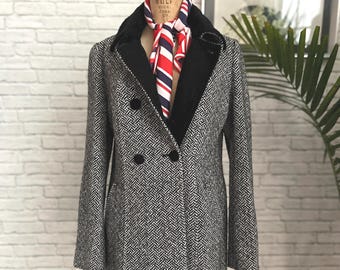 80s Tweed Peacoat | Small Size | Vintage Black White Classic Wool Herringbone Coat