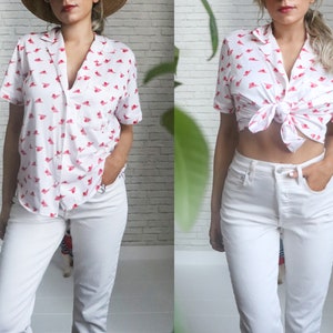 1980s Graphic Blouse | Medium Size Ladies | Summer Beach Vacation Boat Cruise Top | Short Sleeve Top | Tie Up Red White Polyester Cotton