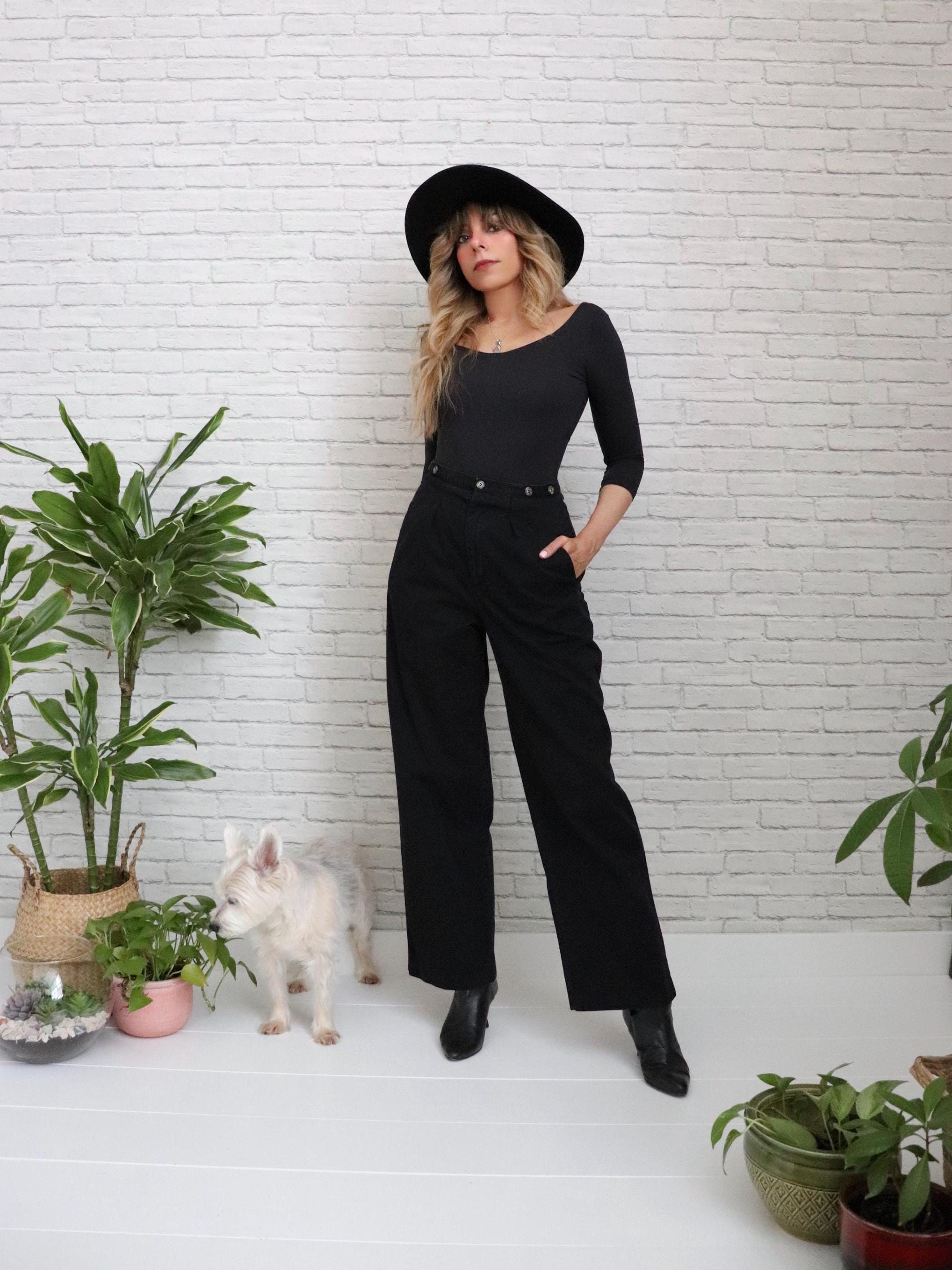 90s Black Wide Leg Trousers | 28 Waist | Vintage Cotton Pleated