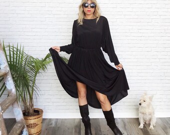 80's Black Victorian Dress , Batwing Sleeves, Edwardian Midi Length,  Long Sleeve Party Dress, Gothic Minimalist Gown, Cocktail Dress