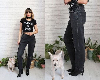 90s LEVIS 512 Black Jeans || 31 Waist || Worn In Faded Black Charcoal Gray Straight Taper Leg Cut Off Hem Mid High Waist Grunge Distressed