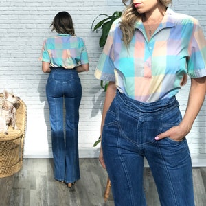 70er Pastell Schottenkaro Koret Bluse