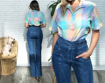70s Pastel Tartan Koret Blouse | Medium to Large | Vintage Medium Short Sleeve Shirt