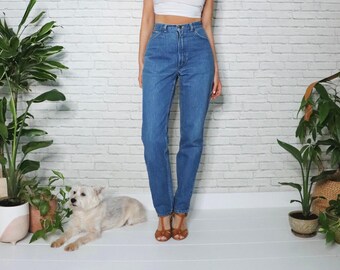 70s Calvin Klein Jeans | 27 Waist | Vintage Blue Cotton High Waist Tapered Leg Denim