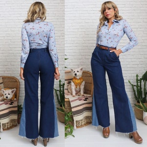 1970&#39;s Wrangler Bell Bottoms | 27 to 28 Waist | High Waist Bohemian Hippie Boho Bellbottom Jeans | Vintage Talon Zipper | Light Dark Denim