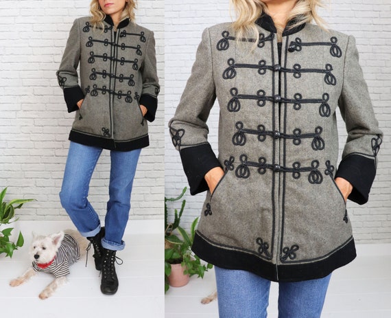 1950s Sgt. Pepper Coat XS to S Size Grey and Black Warm Wool Winter Coat  Military Marching Band Jacket Black Cord Frog Closures 