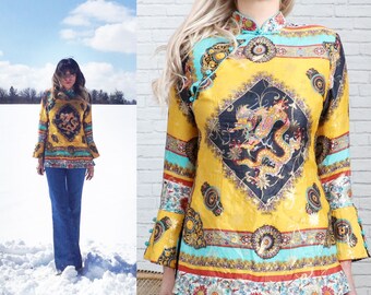 Vintage Silk Metallic  Bell Sleeve Tunic || XS to S Size || Magical Bohemian Blouse || Cheongsam Mandarin Collar Psychedelic Clothing Dragon