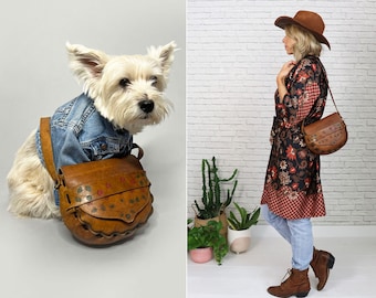 1960's Tooled Leather Purse, Brown Leather Floral Painted Shoulder Bag, Bohemian Hippie Purse