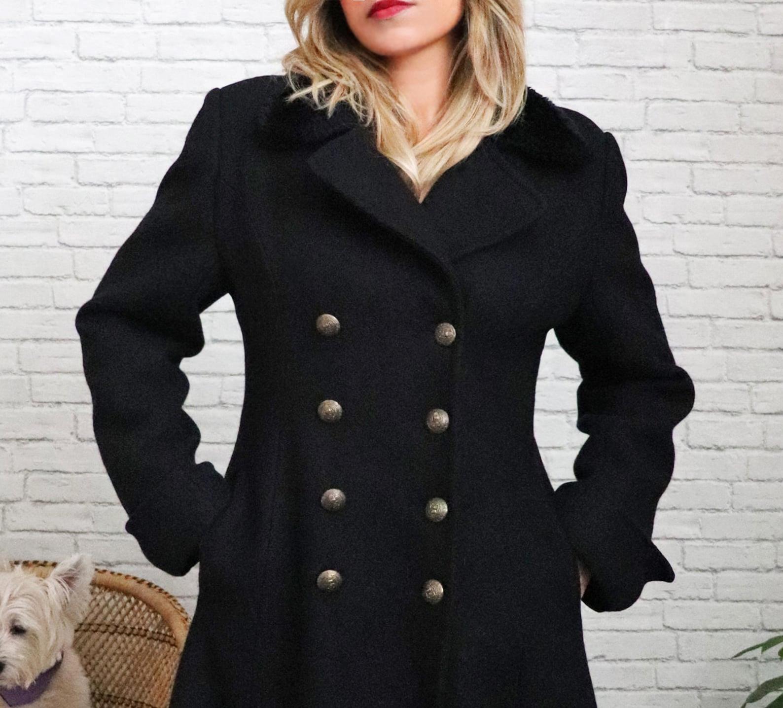 80s Black Wool Coat | Small Medium | Double-breasted Gold Button