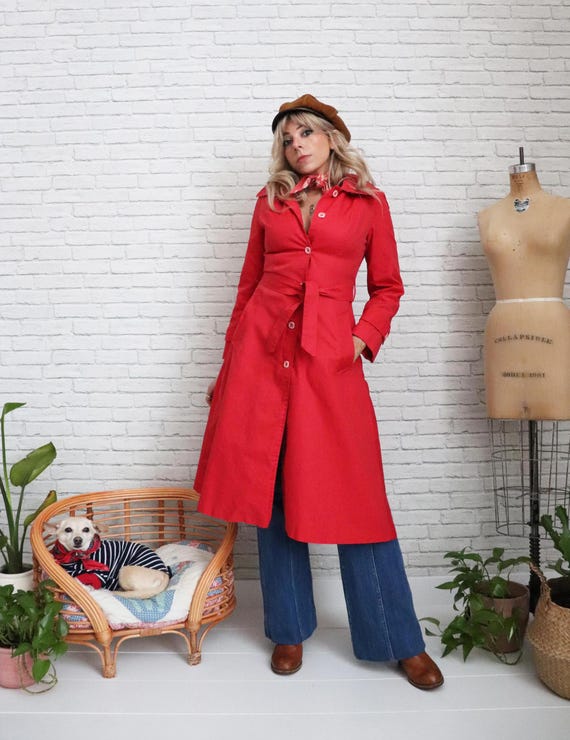 1970s Cherry Red Trench XS Extra Small Size Cute Retro