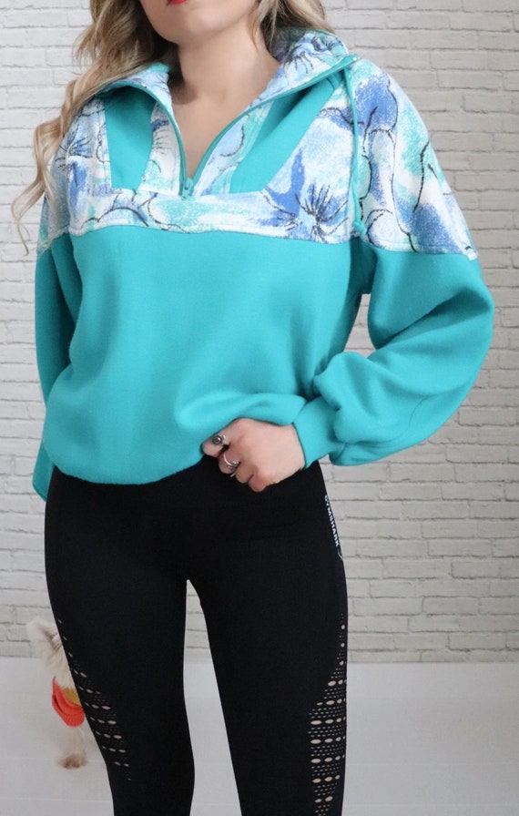 80s Half-Zip Pullover Sweatshirt | Small to Medium Size | Vintage Teal Floral Fleece