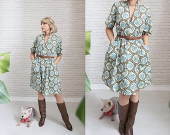 1960's Cotton Tent Dress | Small Size | Boho Hippie Tent Style Zip Front House DressCute Midi Length Three Quarter Sleeve Green Blue Floral