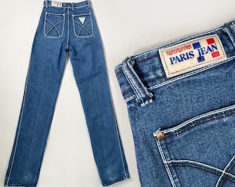 1970s Roadrunner Jeans | 22 23 Waist XXS Size 000 | Extra Extra Small | Long 34"Length Straight Leg Jeans | 70s Retro High Waist Paris Jeans