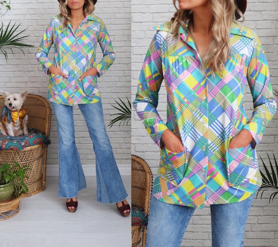 1960s PASTEL Tartan Shirt // Size Small // Button… - image 1