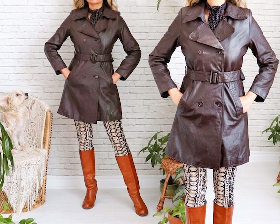 1970's Leather Trench Coat • Fitted Leather Coat •