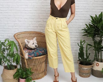 80s Yellow Cotton Trousers | 26 Waist | Vintage Emanuel Ravelli Kick Flare Pants