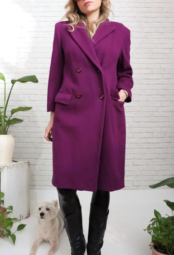 80s Plum Wool Coat | Small To Medium | Vintage Double-Breasted Purple Winter Jacket