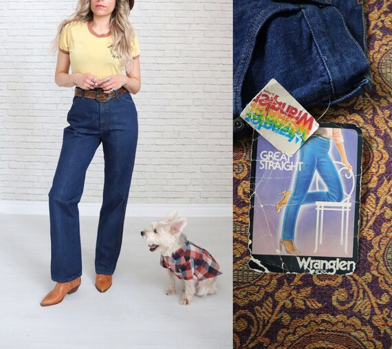 1970s Wrangler Jeans 27 Waist 33 Length High Waist Dark Blue Denim