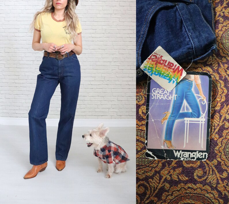 May include: A woman wearing a yellow t-shirt with a brown belt and blue jeans. She is standing next to a white dog wearing a red and black plaid shirt. The image also includes a close-up of a pair of blue jeans with a Wrangler tag that says "Great Straight".